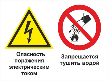 КЗ 95  опасность поражения электрическим током. запрещается тушить водой. (пластик, 600х400 мм) - Знаки безопасности - Комбинированные знаки безопасности - магазин "Охрана труда и Техника безопасности"